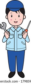 Technician young man with spanner and driver (whole body)