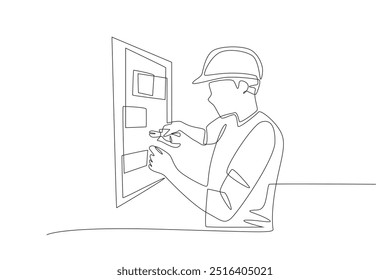 Os técnicos estão realizando a manutenção elétrica. Desenho de uma linha do conceito de manutenção elétrica