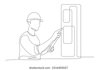 Os técnicos estão realizando a manutenção elétrica. Desenho de uma linha do conceito de manutenção elétrica