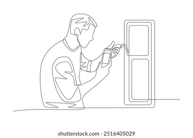 Los técnicos están llevando a cabo el mantenimiento eléctrico. Concepto de mantenimiento eléctrico dibujo de una línea