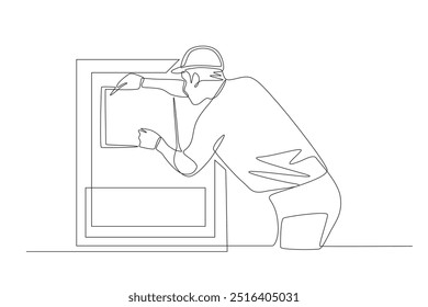 Os técnicos estão realizando a manutenção elétrica. Desenho de uma linha do conceito de manutenção elétrica