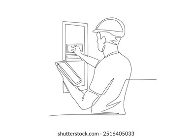 Os técnicos estão realizando a manutenção elétrica. Desenho de uma linha do conceito de manutenção elétrica