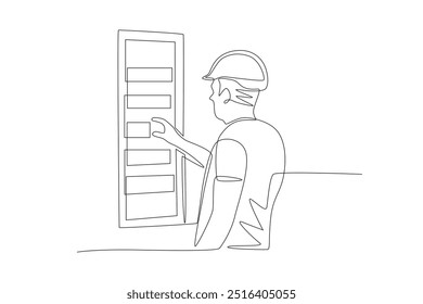 Os técnicos estão realizando a manutenção elétrica. Desenho de uma linha do conceito de manutenção elétrica