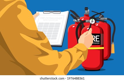 Technicians are checking fire extinguishers.