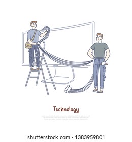 Technicians connecting wires and cables, smart TV technology, Internet television, widescreen monitor banner