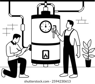 Technicians Ensuring Optimal Heating system Performance vector design, plumbing worker banner Handyman Service drawing, HVAC illustration two professionals working on large water heater boiler concept