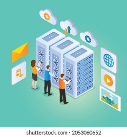 Technicians maintain computer servers 3d isometric vector illustration concept for banner, website, landing page template, ads and flyer