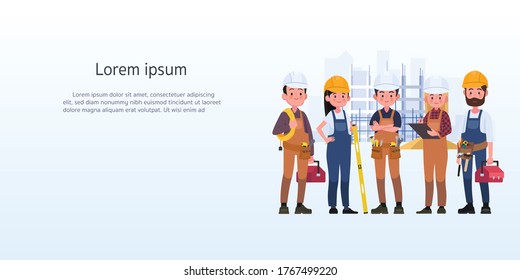 Technicians people group, engineering worker and construction. Industrial engineers workers, builders characters isolated cartoon vector illustration