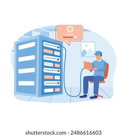 Technicians perform updates in the data center. Optimizing computer system networks. Server maintenance concept. Flat vector illustration.