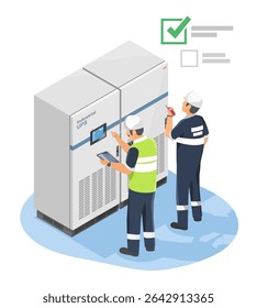Technicians performing annual inspection and testing of industrial UPS backup power system for operational safety and reliability