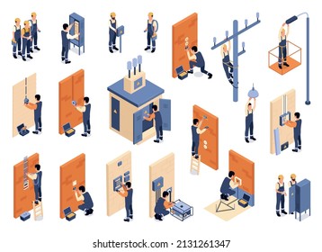 Technicians performing electrical works outdoors and indoors isometric 3d icons set isolated on white background vector illustration