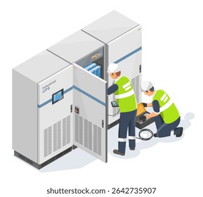 Technicians performing maintenance on industrial UPS cabinet system with open panel and diagnostic tools in a secure facility environment