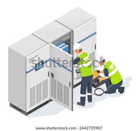 Technicians performing maintenance on industrial UPS cabinet system with open panel and diagnostic tools in a secure facility environment