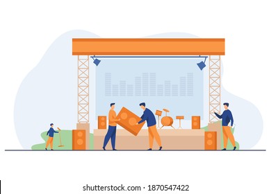 Technicians preparing audio equipment for concert. Stage, festival, speaker flat vector illustration. Entertainment and music concept for banner, website design or landing web page