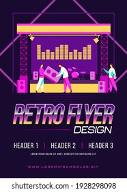 Técnicos preparando equipo de audio para el concierto. Escenario, festival, altavoz de ilustración vectorial plana. Concepto de entretenimiento y música para banner, diseño de sitios web o página web de aterrizaje