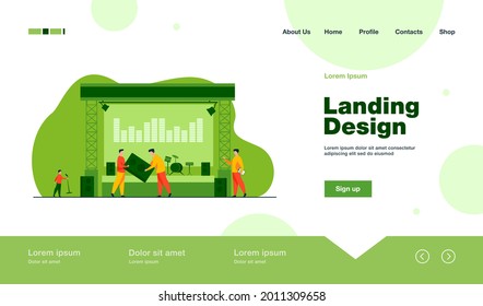 Technicians preparing audio equipment for concert. Stage, festival, speaker flat vector illustration. Entertainment and music concept for banner, website design or landing web page