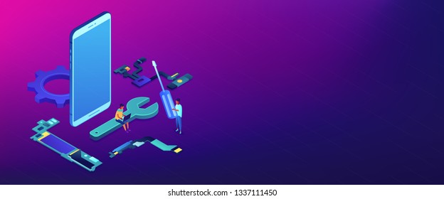 Technicians repair big broken smartphone with screwdriver, wrench and laptop. Smartphone repair, cell phone service, same day repair concept. Isometric 3D banner header template copy space.