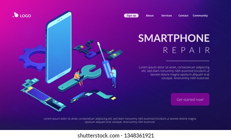 Technicians repair big broken smartphone with screwdriver, wrench and laptop. Smartphone repair, cell phone service, same day repair concept. Isometric 3D website app landing web page template