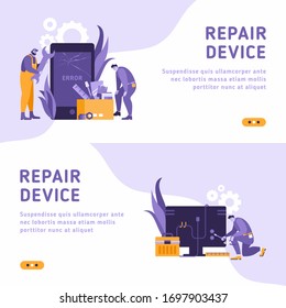 Technicians repair big broken smartphone with screwdriver, wrench and laptop. Smartphone repair, cell phone service, same day repair concept. Isometric 3D website app landing web page template