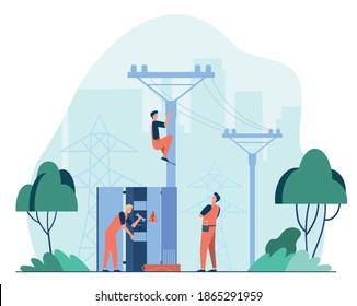 Technicians repairing generator transformer flat vector illustration. Cartoon electric workers making power distribution line. Electricity energy service and maintenance concept