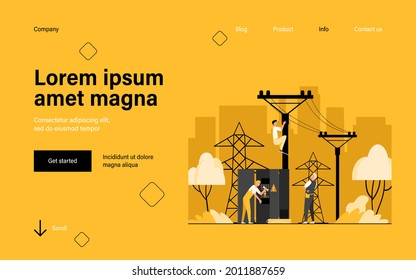 Technicians repairing generator transformer flat vector illustration. Cartoon electric workers making power distribution line. Electricity energy service and maintenance concept