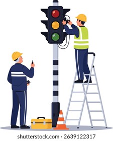 Technicians repairing traffic light wiring system on a ladder with tools and safety equipment during urban signal maintenance work isometric