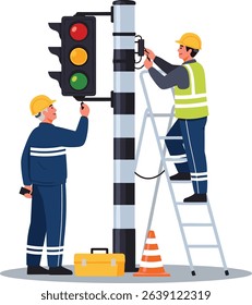 Technicians repairing traffic light wiring system on a ladder with tools and safety equipment during urban signal maintenance work isometric