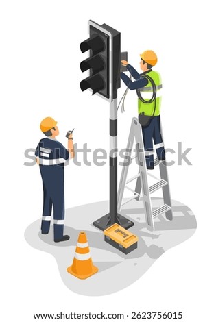 Technicians repairing traffic light wiring system on a ladder with tools and safety equipment during urban signal maintenance work isometric