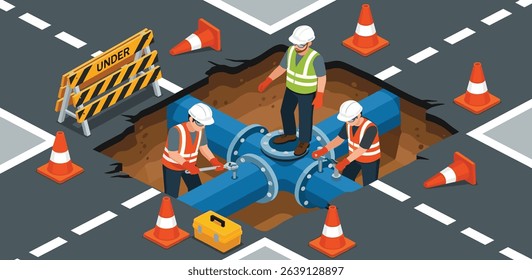 Technicians repairing underground water pipeline beneath city road to ensure efficient utility service and prevent infrastructure disruption isometric cartoon