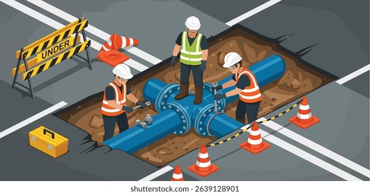 Technicians repairing underground water pipeline beneath city road to ensure efficient utility service and prevent infrastructure disruption isometric cartoon