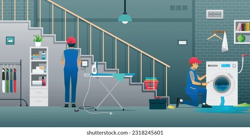 Technicians are repairing washing machines and power outlets.