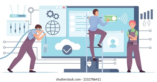 Technicians setting up internet flat composition with computer monitor and router vector illustration