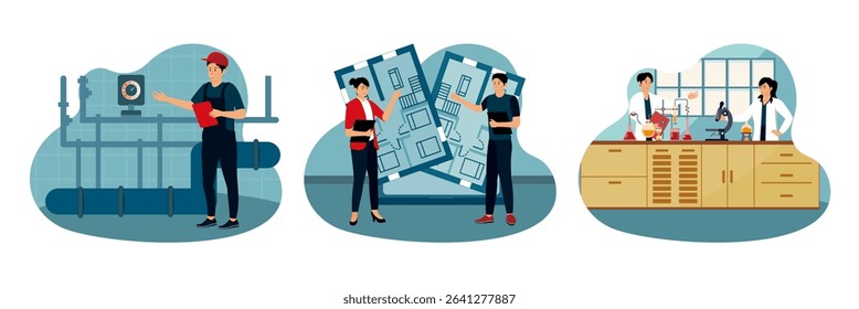 Technicians who inspect equipment in the petroleum industry environment.  A woman and a man collaborating on architectural designs. Two scientists collaborating on experiments in a laboratory.