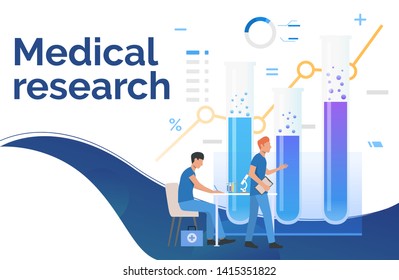 Technicians working in laboratory with tubes vector illustration. Pharmacy, medicine, chemistry. Medical research concept. Creative design for presentations, templates, banners