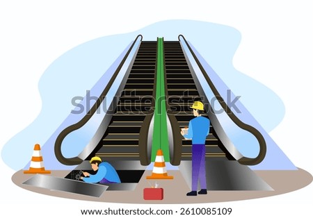 Technicians working on a broken-down moving staircase, Escalator maintenance in progress with workers and safety cones