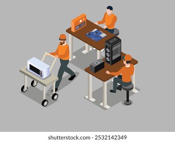 técnicos que trabajan en varios dispositivos electrónicos, incluyendo un horno de microondas y una computadora. Un técnico está reparando una placa de circuito y componentes de PC Ilustración vectorial isométrica 3D