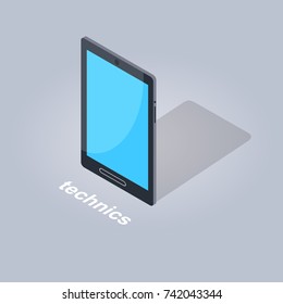 Technics concept black tablet computer icon flat design isolated on gray background. Map-case with blue screen vector illustration of electronic commerce in cartoon style, modern technologies