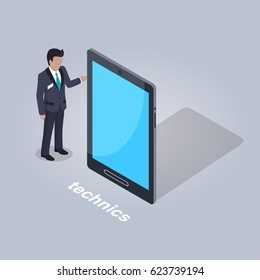 Technics isolated icon. Businessman in suit stands and points on big tablet on grey background. E commerce advertising vector illustration. Modern device for convenient use of shop online apps.