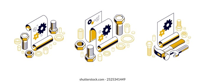 Technics reparação manual guia conceito conjunto, manual do usuário e manual de instruções técnicas brochura, folha de papel com engrenagens e ferramentas 3D isométrica vetor ilustração, reparação tutorial.