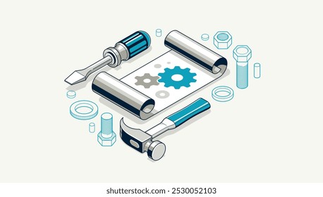 Técnicas de reparação manual de conceito de guia, manual do usuário e brochura de instrução técnica, folha de papel com engrenagens e ferramentas Ilustração vetorial isométrica 3D, tutorial de reparação.