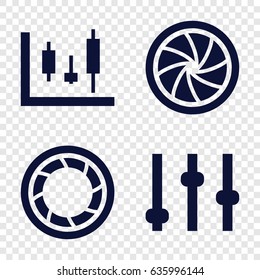 Technique icons set. set of 4 technique filled icons such as camera shutter, adjust