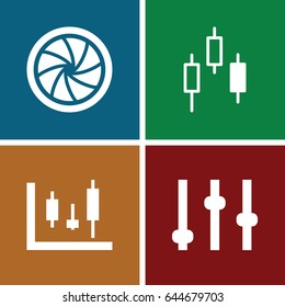 Technique icons set. set of 4 technique filled icons such as camera shutter, adjust, panel control