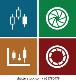Technique icons set. set of 4 technique filled icons such as camera shutter, panel control