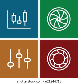 Technique icons set. set of 4 technique outline icons such as camera shutter, adjust