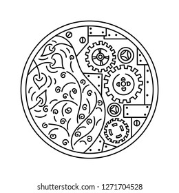 Technique and nature. Steampunk. Illustration of a round Hand-drawing. Vector