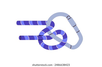 Technique of tying munter hitch knot with carabiner. Tutorial of marine bond, cord tie for climbing. Bundle, node of blue rope with carabine. Flat isolated vector illustration on white background