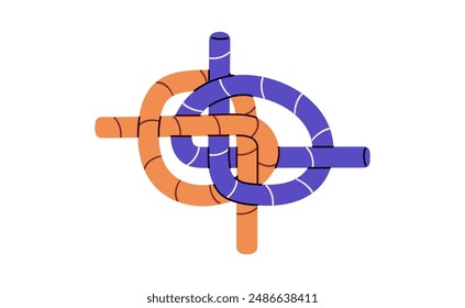 Técnica de atar el nudo de doblado de zepelín. Tutorial de enlace marino con cordones. Paquete de escalada de cuerdas de primer plano. Nodo de transmisión de cordajes, cuerdas. Ilustración vectorial aislada plana sobre fondo blanco