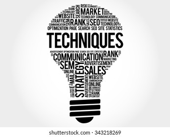 Techniques bulb word cloud, business concept