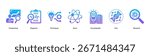 Techniques and Discovery web banner icon vector illustration featuring Prospecting, Diagnosis, Techniques, Atom, Encyclopedia, DNA, and Research.