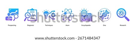 Techniques and Discovery web banner icon vector illustration featuring Prospecting, Diagnosis, Techniques, Atom, Encyclopedia, DNA, and Research.